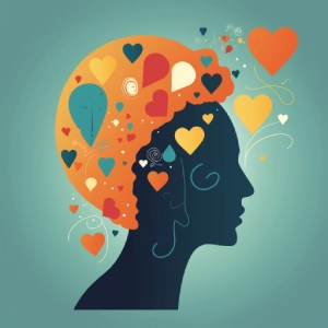 an artistic graphic depicting different shaped and colored hearts emerging from a woman's head